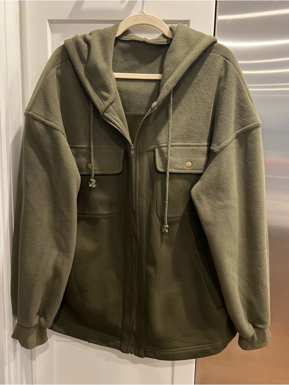 Olive Green Sherpa Zip-up Hooded Jacket - Women, Size XL - Picture 4 of 8